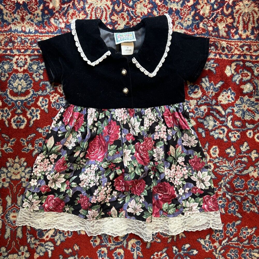 Vintage Kokomo Kids Dress Size 4T Velvet Floral Buttons Lace
